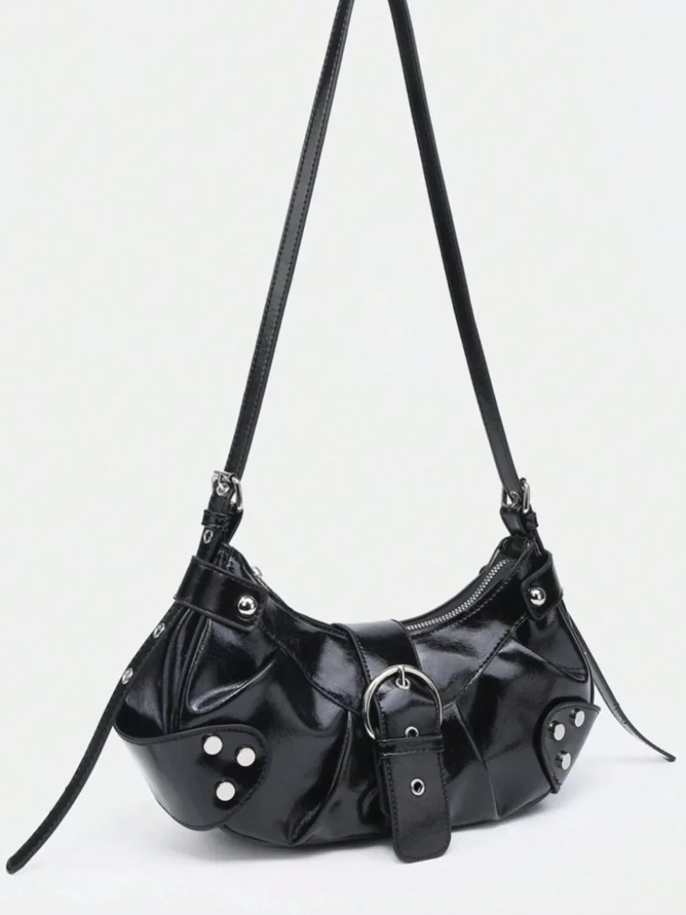 Black Studded Y2K Baguette Bag Vegan Leather Zip Top Handle Purse